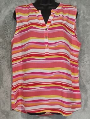 Sleeveless Pink Multi-Stripe Henley Tank Top